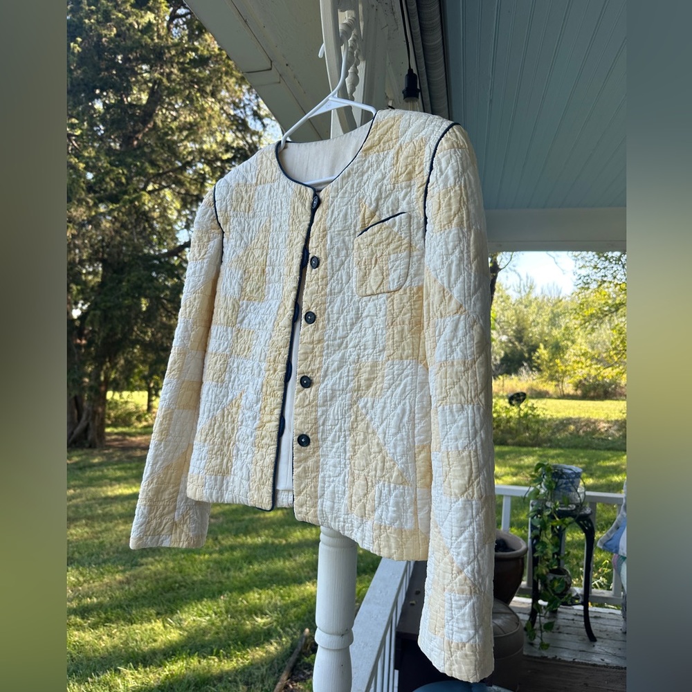 Cottagecore Yellow and white Quilted Jacket with blue Trim, fully lined